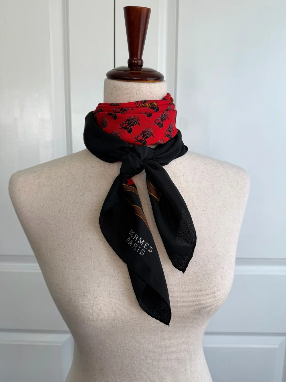 Vintage Hermes Paris Silk Horse and Carriage Scarf Red and Black